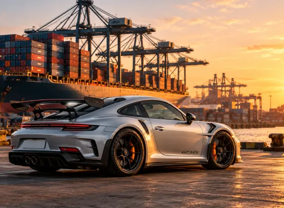Silver Porsche 911 at a shipping port