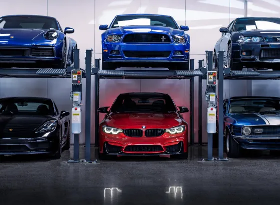 Cars stored on stacking racks